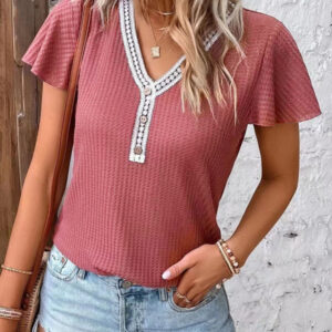 Women's Casual Fly Fly Sleeve Waffle Stitching Top Short Sleeve T-Shirt