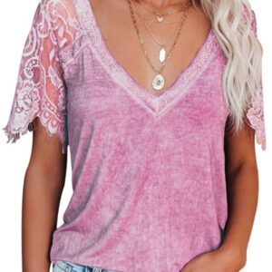 Short Sleeve V Neck Feather Lace Sleeve Blouse