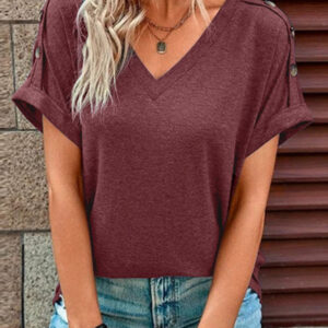 Women's Casual Solid Color Button Short Sleeve T-Shirt