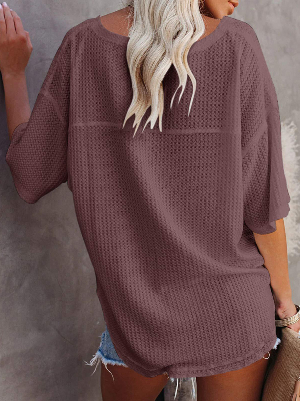 New V Neck Dolman Sleeve Waffle Knit Loose Solid Color Short Sleeve T-Shirt - Image 5