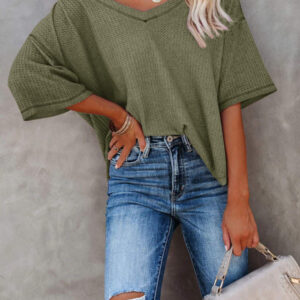 New V Neck Dolman Sleeve Waffle Knit Loose Solid Color Short Sleeve T-Shirt