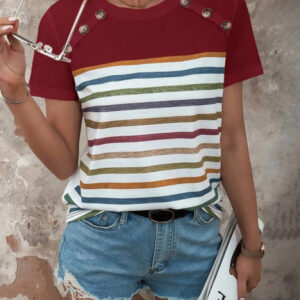 Women's Stripe Print Button Short Sleeve Casual Top