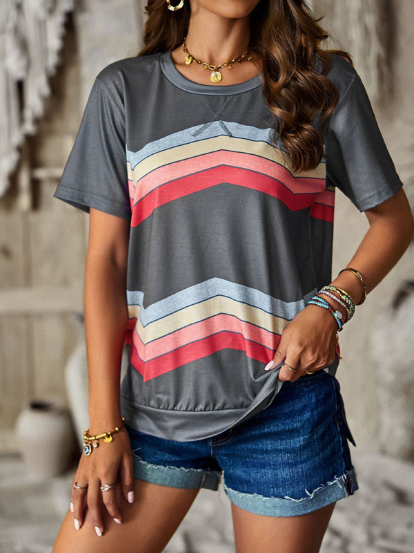 New round neck T-shirt rainbow strip top - Image 3
