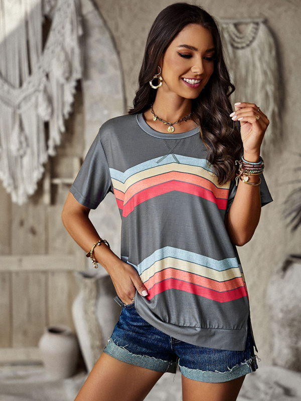 New round neck T-shirt rainbow strip top - Image 4