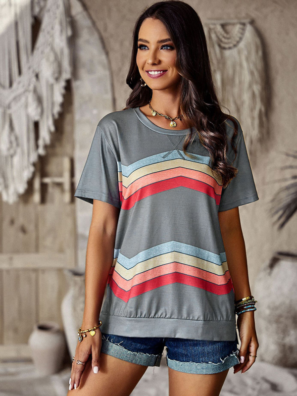 New round neck T-shirt rainbow strip top - Image 5