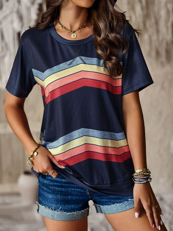 New round neck T-shirt rainbow strip top - Image 7