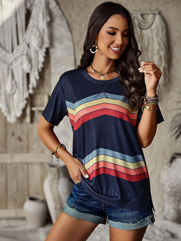 New round neck T-shirt rainbow strip top - Image 9