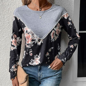 New women's long-sleeved color block sweater thin sweater T-shirt
