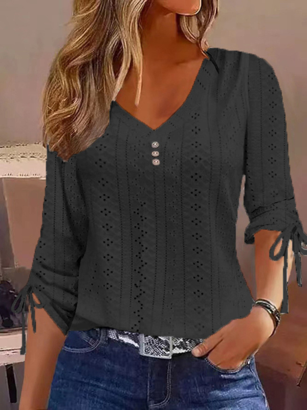 New Women's New Solid Color Jacquard Button Long Sleeve T-Shirt Top - Image 4