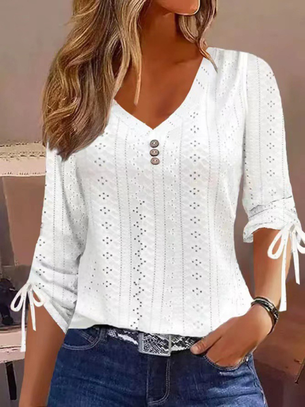 New Women's New Solid Color Jacquard Button Long Sleeve T-Shirt Top - Image 2