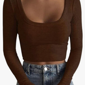 New women's large round neck long-sleeved ultra-short slim fit navel-baring bottoming T-shirt top