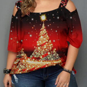 Christmas tree print off-shoulder loose short-sleeved plus size T-shirt top