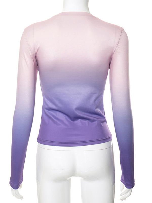Gradient Round Neck Long Sleeve Basic Top - Image 13
