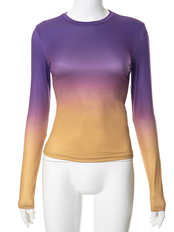 Gradient Round Neck Long Sleeve Basic Top - Image 11