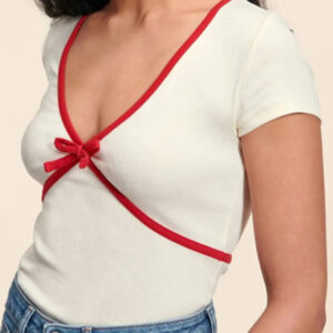 Women's New Solid Color Deep V Contrast Color Slim Fit Pure Cotton Knitted T-Shirt