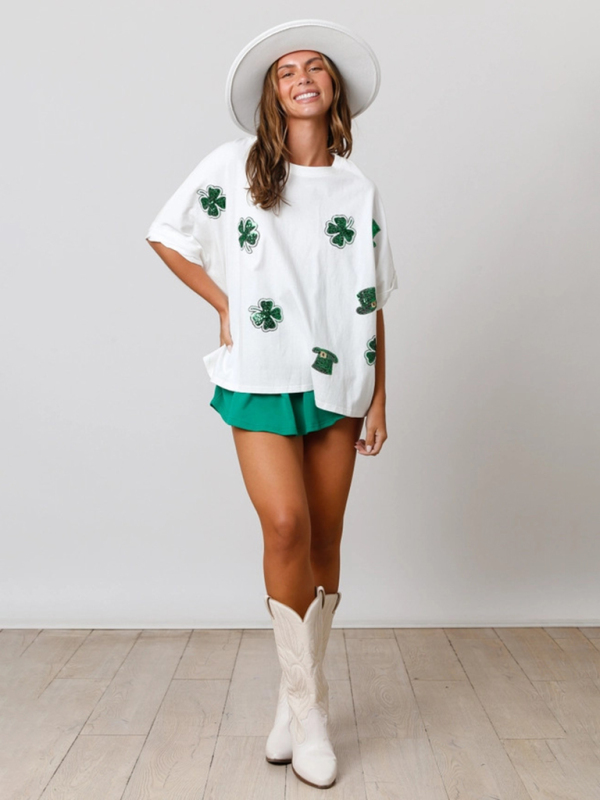 Women's St. Patrick's four-leaf clover sequined top loose T-shirt - Image 4