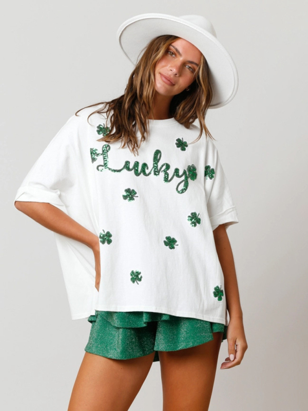 Women's St. Patrick's lucky four-leaf clover sequined top loose T-shirt - Image 4