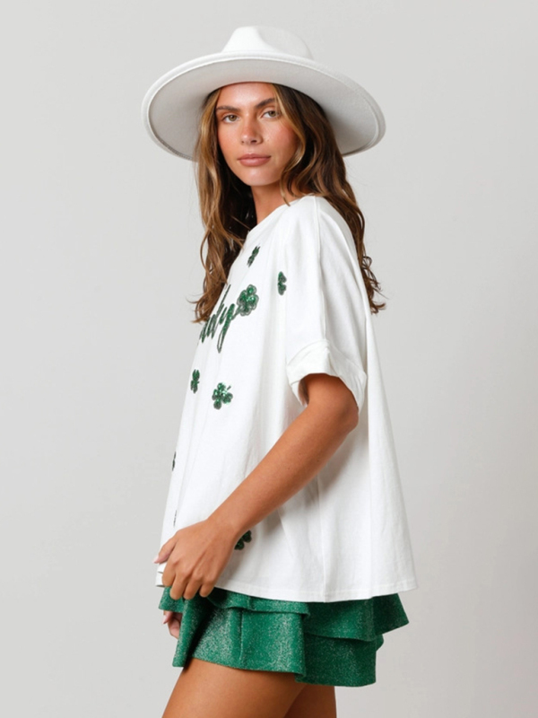Women's St. Patrick's lucky four-leaf clover sequined top loose T-shirt - Image 2