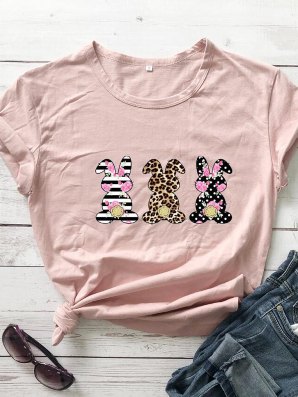 Women's Easter Leopard Print Floral Bunny Color Print T-Shirt - Image 6