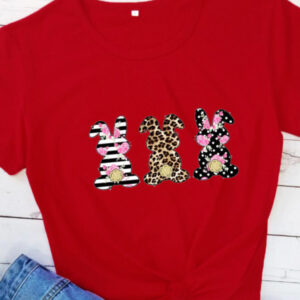 Women's Easter Leopard Print Floral Bunny Color Print T-Shirt