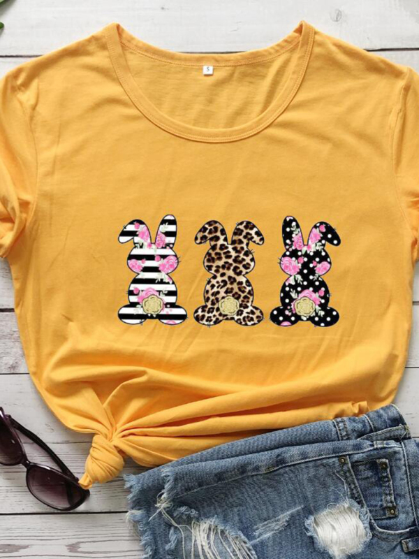 Women's Easter Leopard Print Floral Bunny Color Print T-Shirt - Image 5