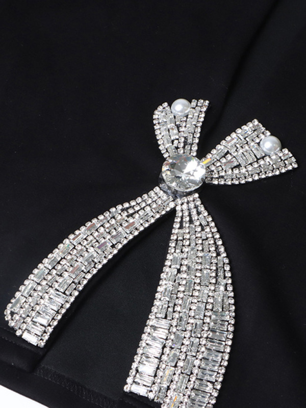 New style diamond sequined bow short-sleeved solid color slit top - Image 4
