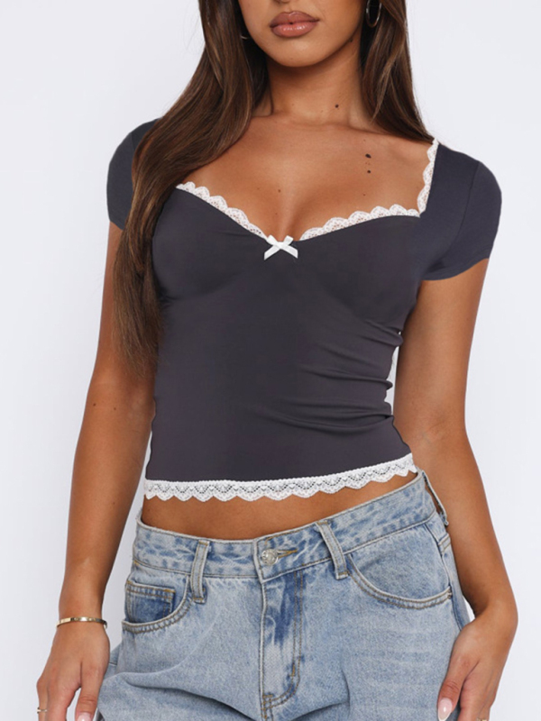 New spring and summer lace hem bow hottie short-sleeved T-shirt - Image 4