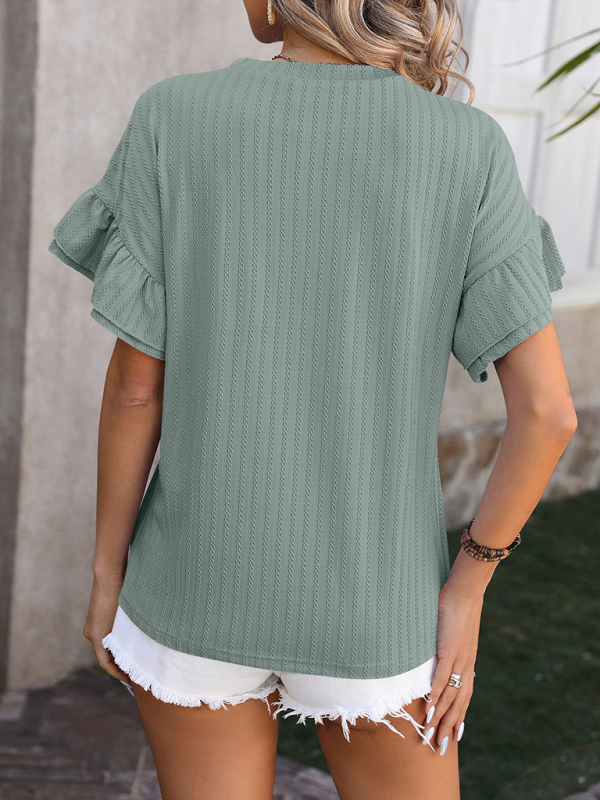 New solid color round neck ruffle sleeve short sleeve T-shirt top - Image 8