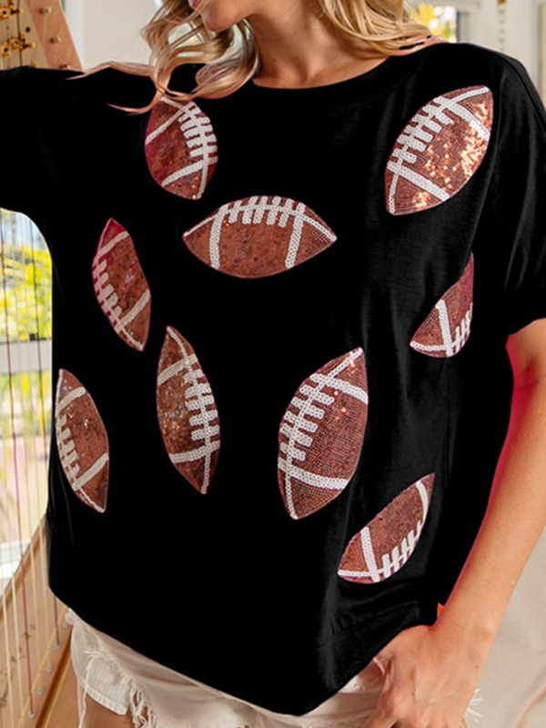 Casual Summer Sequined Rugby Round Neck Pullover T-Shirt Short Sleeve Top - Image 3