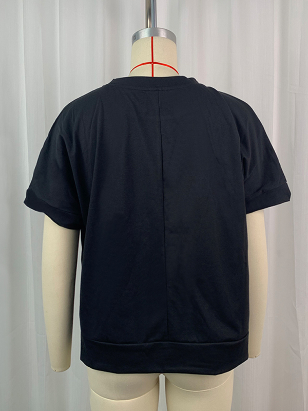 Casual Summer Sequined Rugby Round Neck Pullover T-Shirt Short Sleeve Top - Image 9