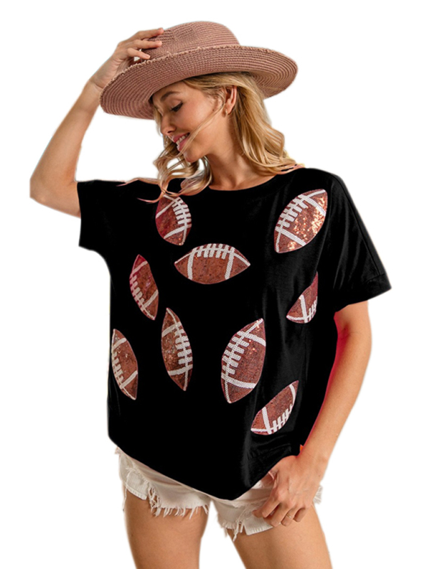 Casual Summer Sequined Rugby Round Neck Pullover T-Shirt Short Sleeve Top - Image 11