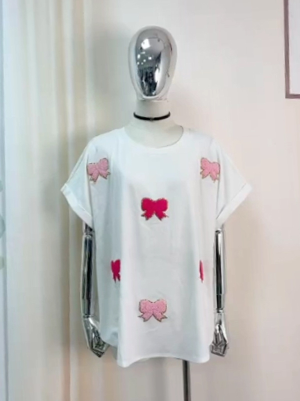 Casual Summer Sequined Rugby Round Neck Pullover T-Shirt Short Sleeve Top - Image 5