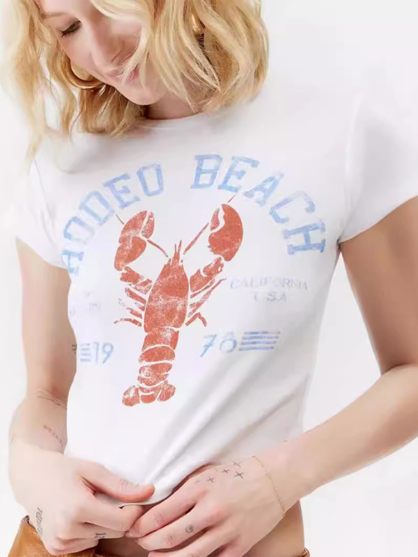 New round neck printed short sleeve slim fit short sexy waist-revealing ladies T-shirt - Image 10