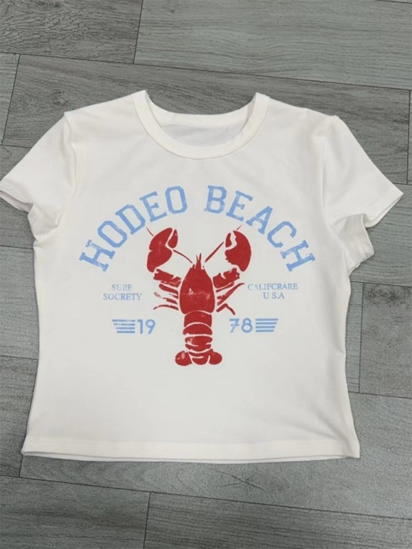 New round neck printed short sleeve slim fit short sexy waist-revealing ladies T-shirt - Image 7