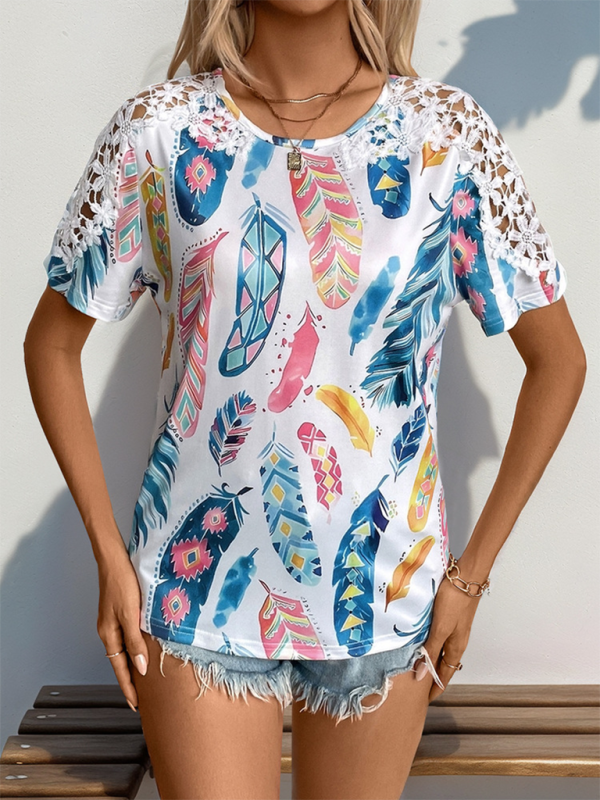 New style splicing lace short-sleeved T-shirt simple temperament basic T-shirt - Image 3