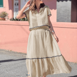 New women's comfortable casual shirt collar lace long skirt suit