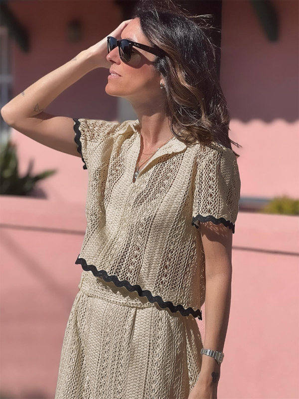 New women's comfortable casual shirt collar lace long skirt suit - Image 2