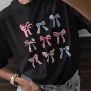 Bowknot Printed Round Neck T-shirt Loose and Versatile Round Neck Short Sleeves