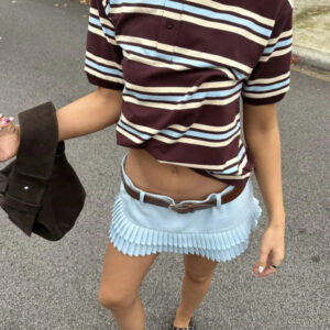 Retro sexy hot girl style contrast color striped short sleeve polo neck T-shirt