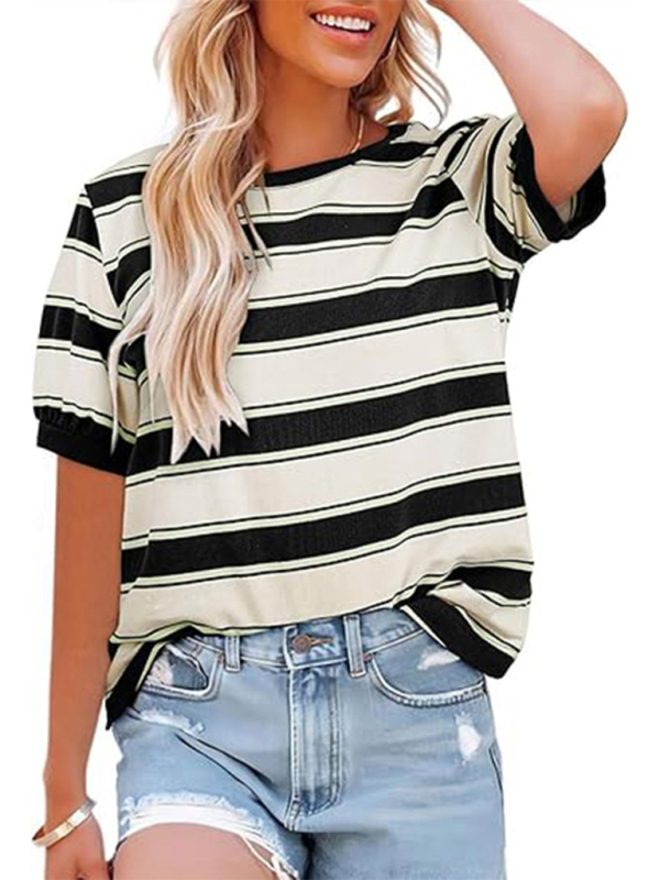 Women's round neck colorful patchwork large striped loose T-shirt - Image 6