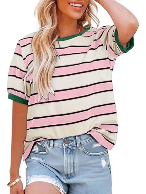 Women's round neck colorful patchwork large striped loose T-shirt - Image 4