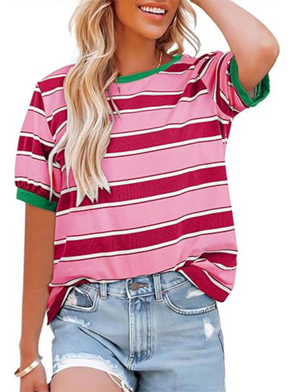 Women's round neck colorful patchwork large striped loose T-shirt - Image 5