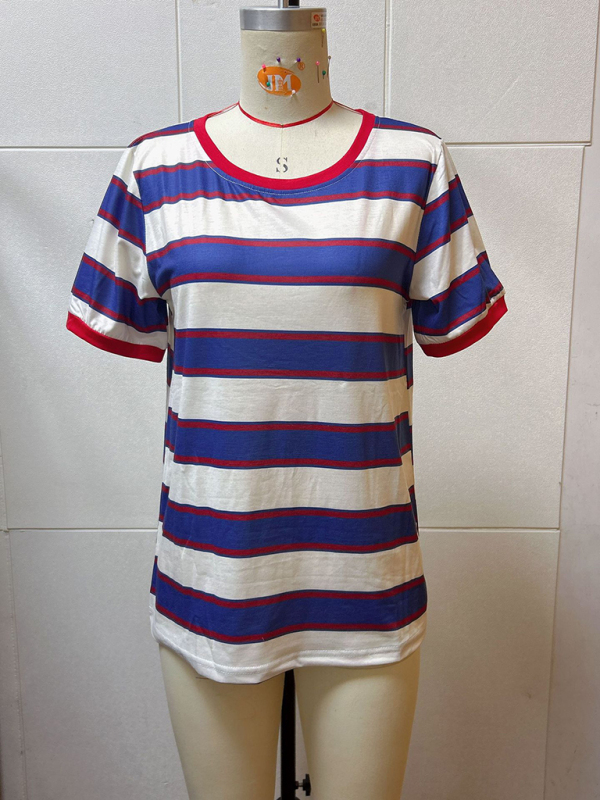 Women's round neck colorful patchwork large striped loose T-shirt - Image 2