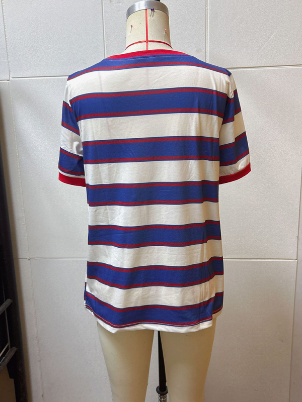 Women's round neck colorful patchwork large striped loose T-shirt - Image 3
