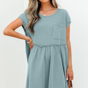 Canton Corded Knit Textured Patched Pocket Frilled Swing Mini Dress with Pockets
