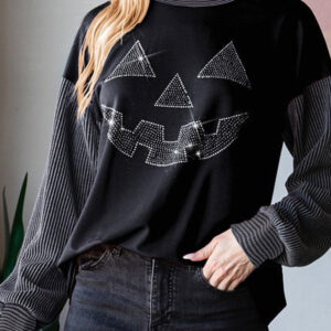 Black Halloween Rhinestone Pumpkin Face Contrast Ribbed Long Sleeve Patchwork Top