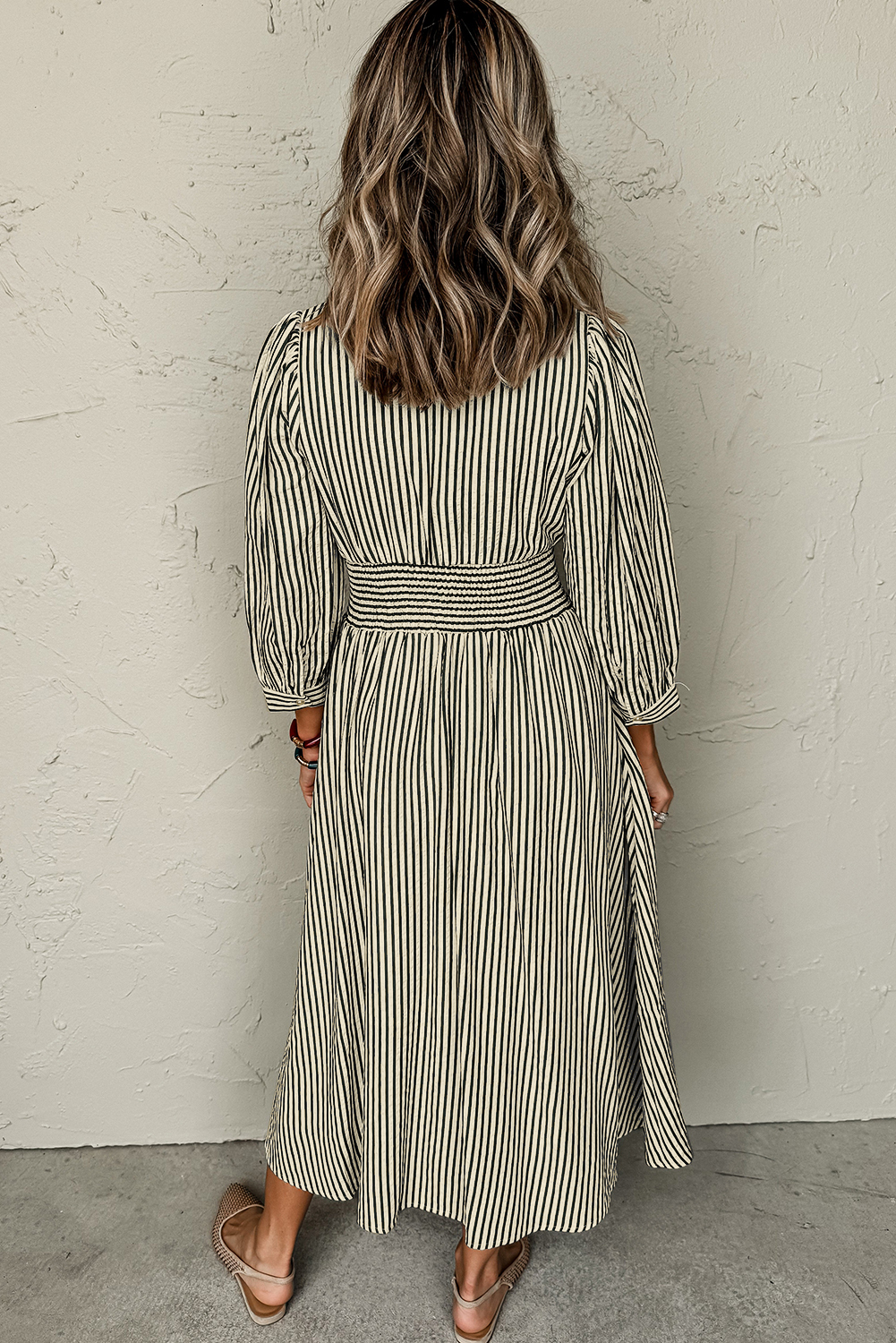 Black Stripe V Neck Zip Front Cinched High Waist Midi Dress - Image 8