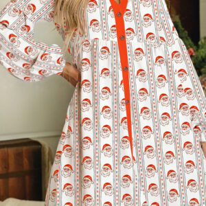 White Father Christmas Contrast Collar Button Front Long Sleeve A-line Mini Dress