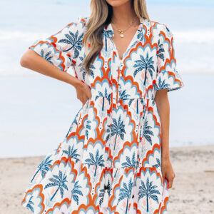 Orange Contrast Palm Tree Printed Short Sleeve Flowy Dress