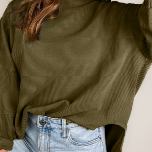 Seagrass Horizontal Ribbed Exposed Seam Patchwork Sleeve Loose Top